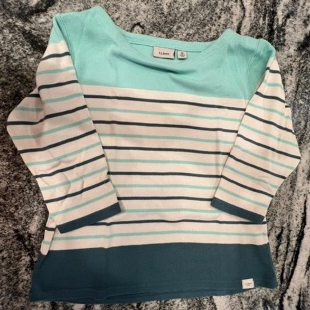 L.L. Bean Striped Boat Neck Top Women M Petite Green Teal 3/4 Sleeve Cotton